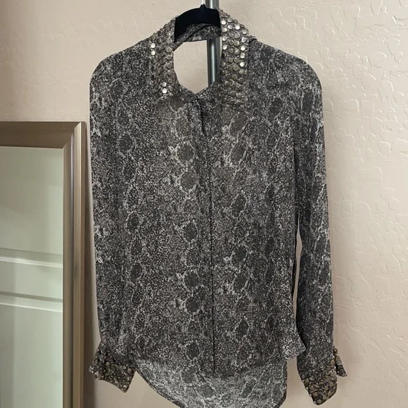 Haute Hippie Silk Button Down Open Back Long Sleeve Studded Blouse Brown Blk XS - Picture 9 of 13